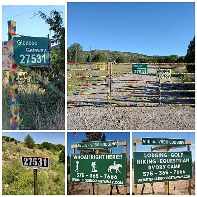 Gate is multi colored with Hippie Hilton sign, enter here and drive north to next gate, enter and close second gate and you are here!