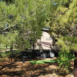 Lodging at camp trailer,set in pines with water fountain and campfire